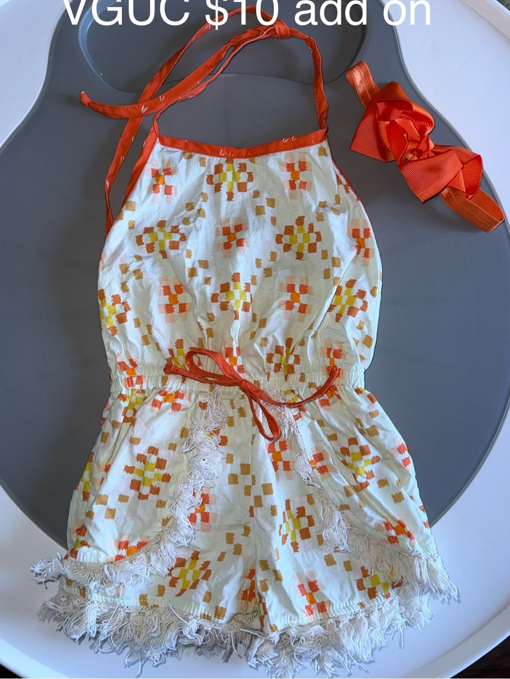 Girls Orange & Cream Halter Romper with Fringe